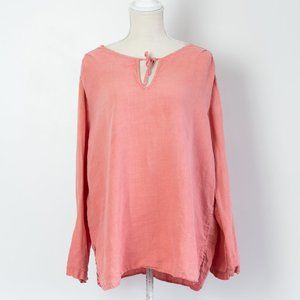 Hot Cotton 100% Linen Womens Pink Coral Lightweight Keyhole Drawstring Blouse